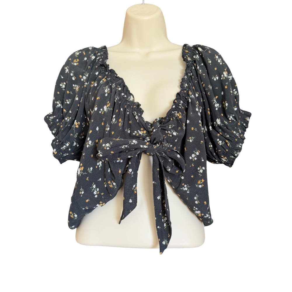 American Eagle Floral Puff Sleeve Tie Front Crop Top Black XL NWT - Picture 12 of 13
